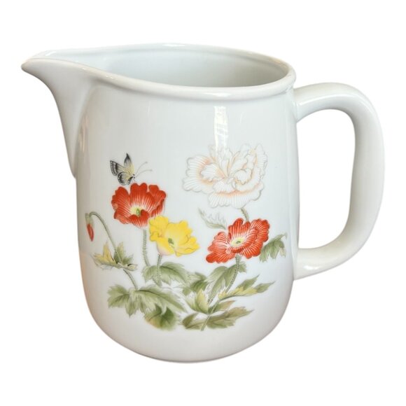 Vintage White Porcelain Floral Creamer Pitcher With Handle & Spout - Picture 2 of 8